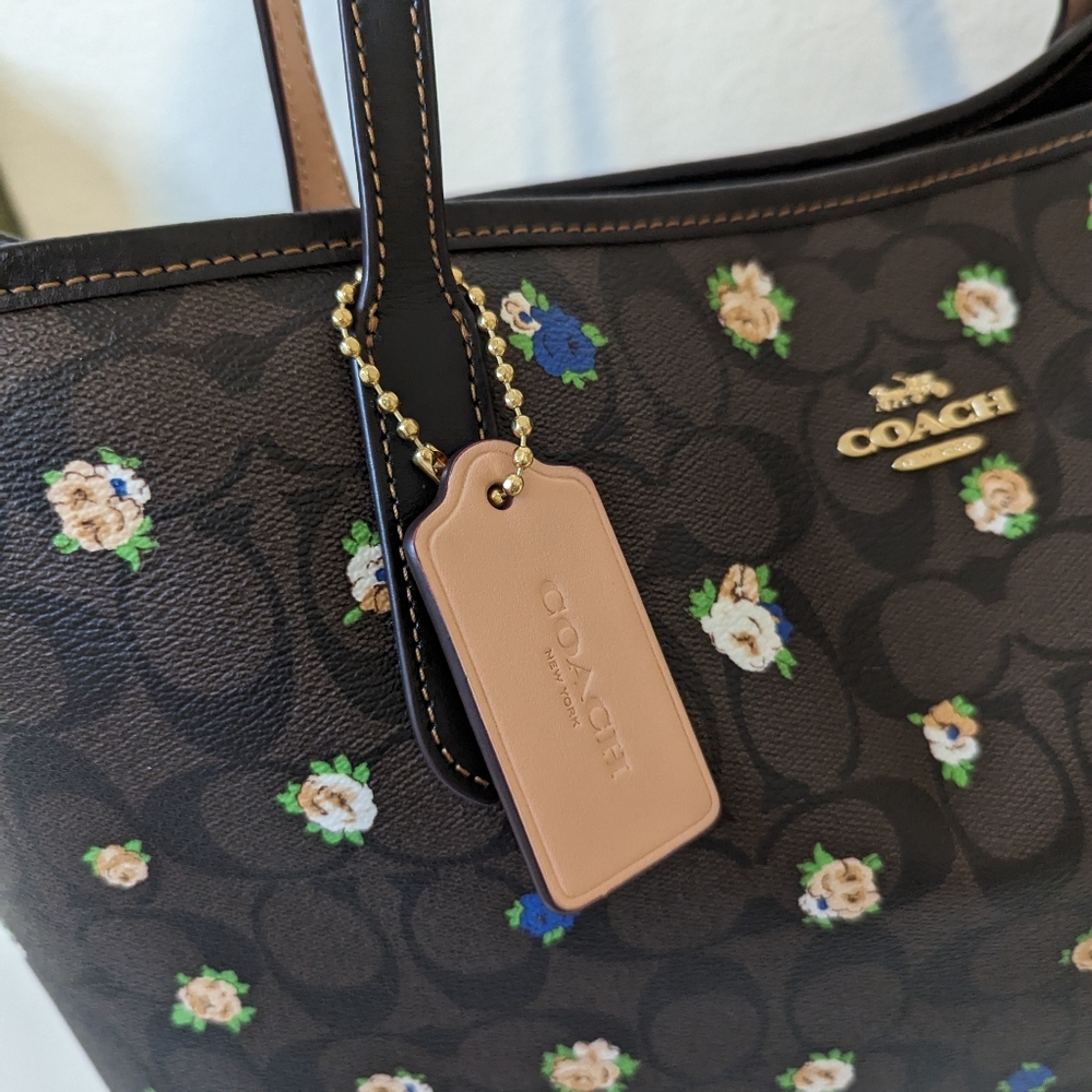 Coach Brown Floral Logo Tote with Blue and Cream Accents - Picture 6 of 16
